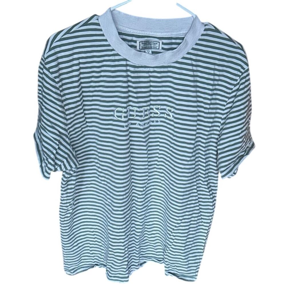 Vintage Guess Originals White & Green Striped Tee with Embroidered Logo – Size M